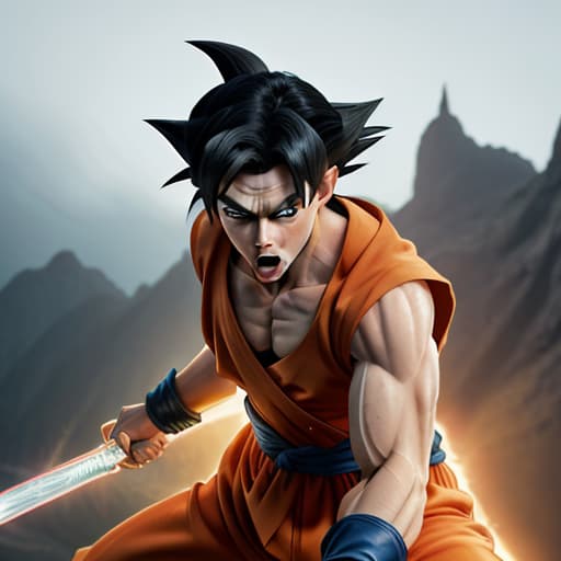  Goku hyperrealistic, full body, detailed clothing, highly detailed, cinematic lighting, stunningly beautiful, intricate, sharp focus, f/1. 8, 85mm, (centered image composition), (professionally color graded), ((bright soft diffused light)), volumetric fog, trending on instagram, trending on tumblr, HDR 4K, 8K