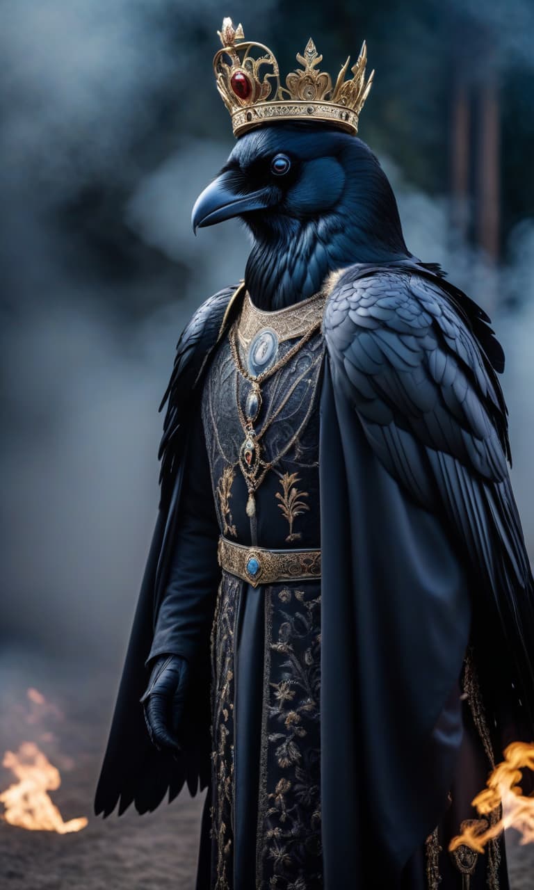  A European man king turns into a raven while wearing a crown. hyperrealistic, full body, detailed clothing, highly detailed, cinematic lighting, stunningly beautiful, intricate, sharp focus, f/1. 8, 85mm, (centered image composition), (professionally color graded), ((bright soft diffused light)), volumetric fog, trending on instagram, trending on tumblr, HDR 4K, 8K