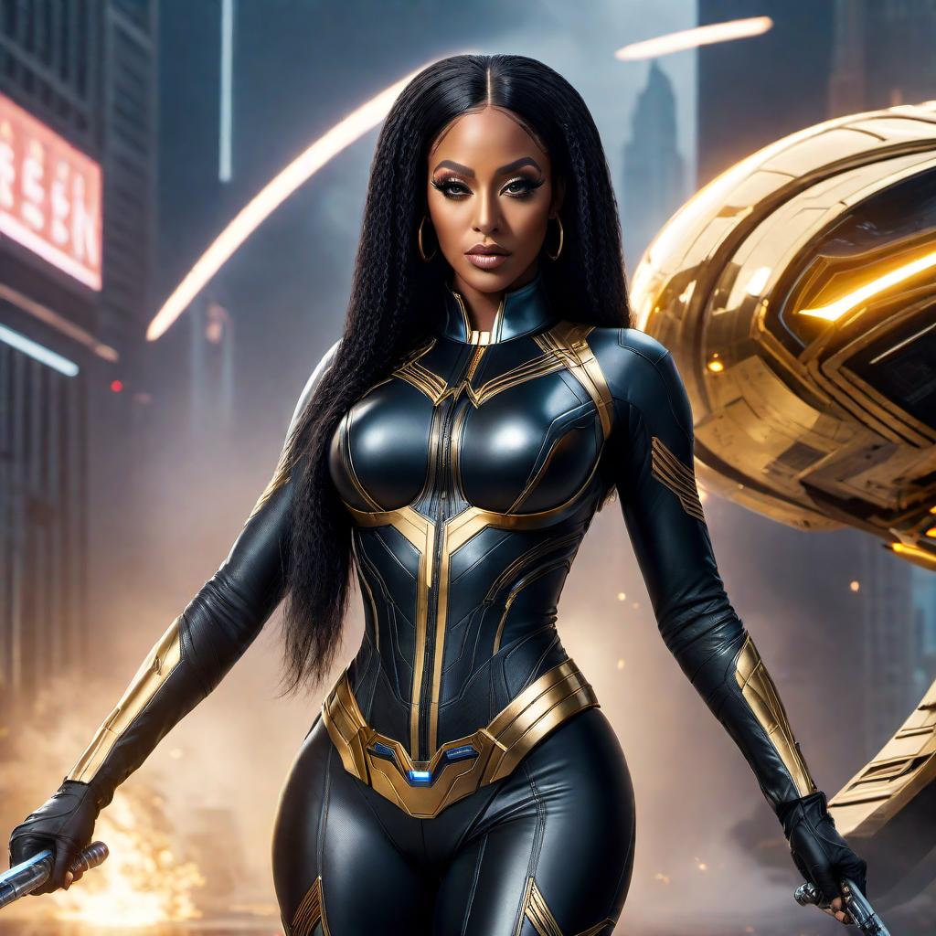  A powerful and beautiful superhero Black woman with a curvy body like Cardi B, but with hair and eyes made of real gold. She is a goddess with the power to drain and reuse energy. She is dressed in a futuristic outfit and rides a hoverboard. She holds laser whips and guns, her surroundings filled with high-tech weapons and vehicles powered by energy. She is actively fighting another god in a futuristic city. She is drawing the energy from her enemies, killing them by taking their energy. The other god is equally powerful, radiating energy, and engaged in an epic battle with Zora. Standing in the background is her team: her boyfriend, the black panther (Tech), who is a genius and the captain of the Air Force as well as the lead scientist; he hyperrealistic, full body, detailed clothing, highly detailed, cinematic lighting, stunningly beautiful, intricate, sharp focus, f/1. 8, 85mm, (centered image composition), (professionally color graded), ((bright soft diffused light)), volumetric fog, trending on instagram, trending on tumblr, HDR 4K, 8K