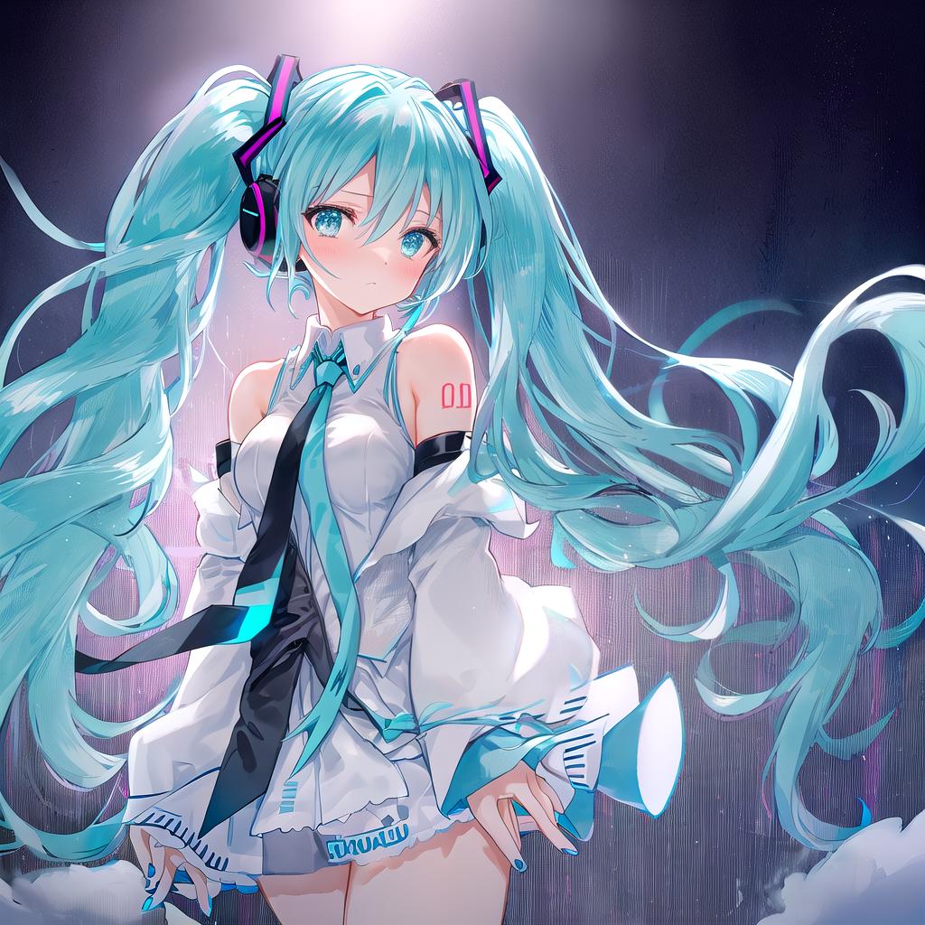  sky, 1girl, aqua eyes, aqua hair, aqua nails, aqua necktie, bare shoulders, black sleeves, blue nails, blush, detached sleeves, fingers together, flying sweatdrops, gradient, gradient background, grey background, hair ornament, hatsune miku, headphones, headset, long hair, looking at viewer, nail polish, necktie, nervous, number tattoo, shirt, shoulder tattoo, sleeveless, solo, tattoo, twintails, upper body, very long hair, hyperrealistic, full body, detailed clothing, highly detailed, cinematic lighting, stunningly beautiful, intricate, sharp focus, f/1. 8, 85mm, (centered image composition), (professionally color graded), ((bright soft diffused light)), volumetric fog, trending on instagram, trending on tumblr, HDR 4K, 8K