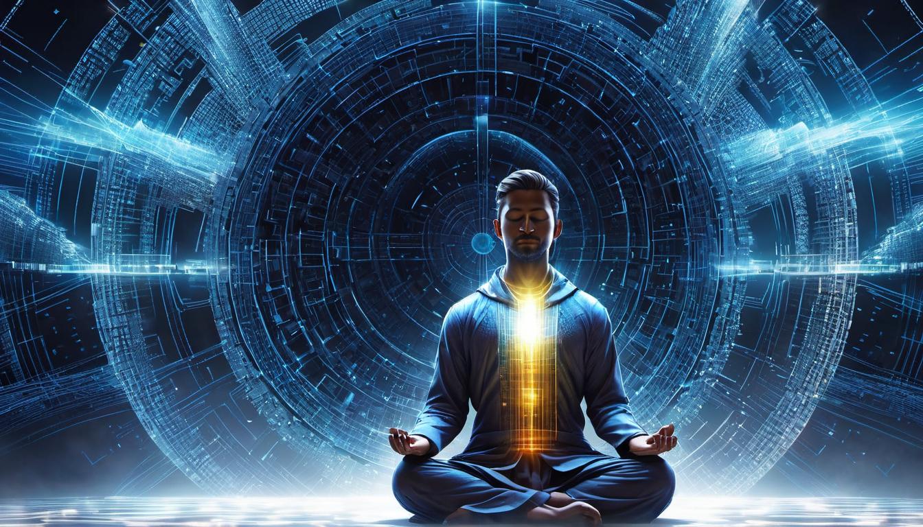  digital illustration Figure meditating, surrounded by glowing geometric patterns, tranquil expression, energy field pulsating looking at viewer, dynamic pose, (intricate details, masterpiece, best quality)