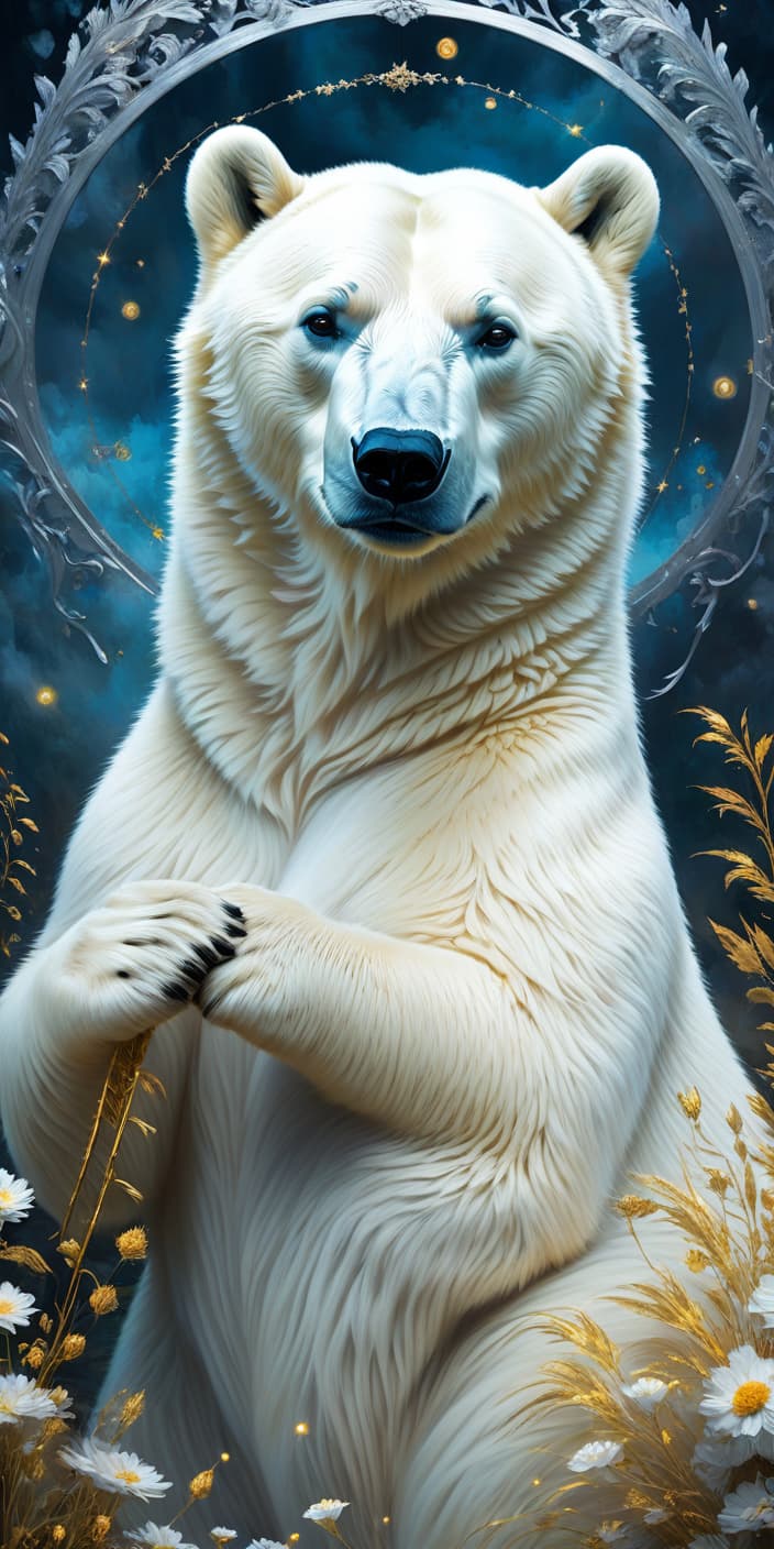  concept art Digital oil painting impasto. Gorgeous correct, realistic polar bear. Beautiful, majestic, mystical, epic appearance:: detailed white fur. Background:: surreal abstract with runic circle, thin vines, dandelion flowers, fantastic golden blossoms. Glowing signs and sparkling particles. Detailed detailing. Stylistics: fairy tale, dream, fantasy, modern. In the manner of Pino Daeni, Fragonard, Van Gogh. . digital artwork, illustrative, painterly, matte painting, highly detailed hyperrealistic, full body, detailed clothing, highly detailed, cinematic lighting, stunningly beautiful, intricate, sharp focus, f/1. 8, 85mm, (centered image composition), (professionally color graded), ((bright soft diffused light)), volumetric fog, trending on instagram, trending on tumblr, HDR 4K, 8K