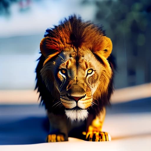 redshift style Lion hyperrealistic, full body, detailed clothing, highly detailed, cinematic lighting, stunningly beautiful, intricate, sharp focus, f/1. 8, 85mm, (centered image composition), (professionally color graded), ((bright soft diffused light)), volumetric fog, trending on instagram, trending on tumblr, HDR 4K, 8K