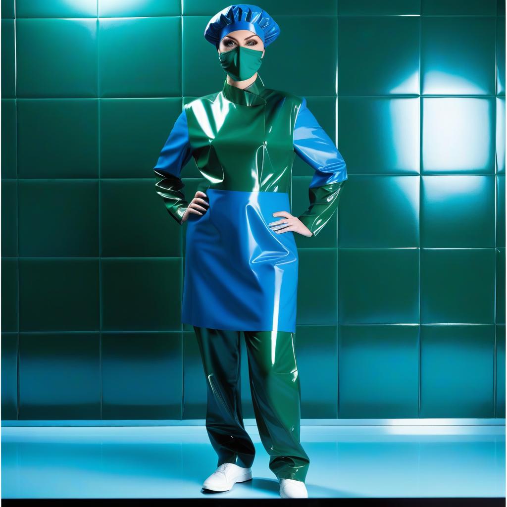  woman surgeon, wearing a shower beret made of two tone glossy latex, the upper part of the beret with a rounded dome in the shape of a mushroom, elongated with folds, made of glossy dark blue latex, the lower part of the beret with folds on an elastic band, glossy. dark green latex, shower cap is divided horizontally into two parts, shower cap covers hair, ears and forehead, framing the face hyperrealistic, full body, detailed clothing, highly detailed, cinematic lighting, stunningly beautiful, intricate, sharp focus, f/1. 8, 85mm, (centered image composition), (professionally color graded), ((bright soft diffused light)), volumetric fog, trending on instagram, trending on tumblr, HDR 4K, 8K