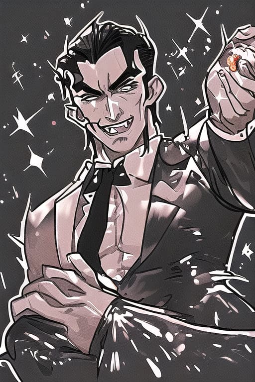 Medium Muscular handsome Dracula thinking deeply with full clothes with his two teeth showing and a fizzy sparkling black background as a scientist