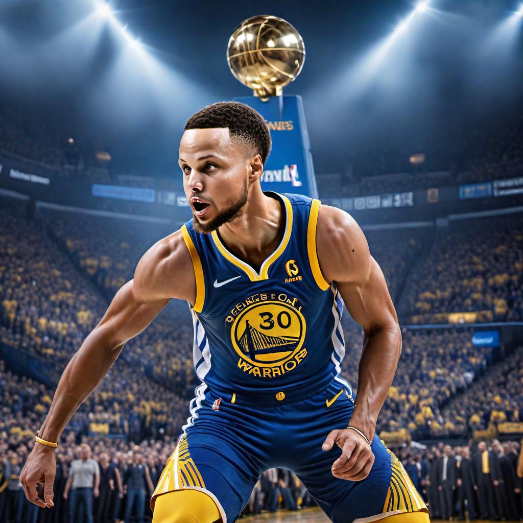  4K wallpaper of Stephen Curry in a dynamic basketball pose, showcasing his shooting form. The background should include elements that represent his journey and success in the NBA, such as championship trophies, the Golden State Warriors logo, and a cheering crowd. The color scheme should include the Warriors' team colors: blue and gold. The style should be a blend of realism and artistic illustration, capturing his determination and energy. hyperrealistic, full body, detailed clothing, highly detailed, cinematic lighting, stunningly beautiful, intricate, sharp focus, f/1. 8, 85mm, (centered image composition), (professionally color graded), ((bright soft diffused light)), volumetric fog, trending on instagram, trending on tumblr, HDR 4K, 8K