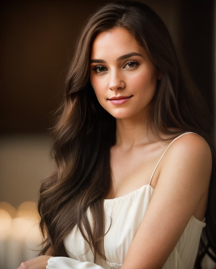  A photo of a beautiful young woman with long, flowing brown hair. She is wearing a black dress and has a soft smile on her face. The background is blurry and out of focus. The image has a warm and inviting feel to it.Art style: realism, high detail, soft lighting, RembrandtAdditional settings: portrait, close up, shallow depth of field, soft focus, warm colors, golden hour  hyperrealistic, full body, detailed clothing, highly detailed, cinematic lighting, stunningly beautiful, intricate, sharp focus, f/1. 8, 85mm, (centered image composition), (professionally color graded), ((bright soft diffused light)), volumetric fog, trending on instagram, trending on tumblr, HDR 4K, 8K