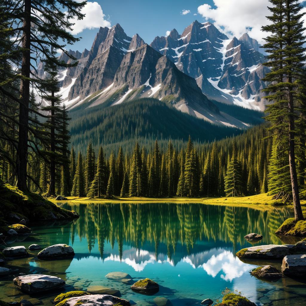  in a knolling case style, Craft an epic scene featuring towering mountains, lush forests, and a crystal clear lake, capturing the essence of pristine wilderness.