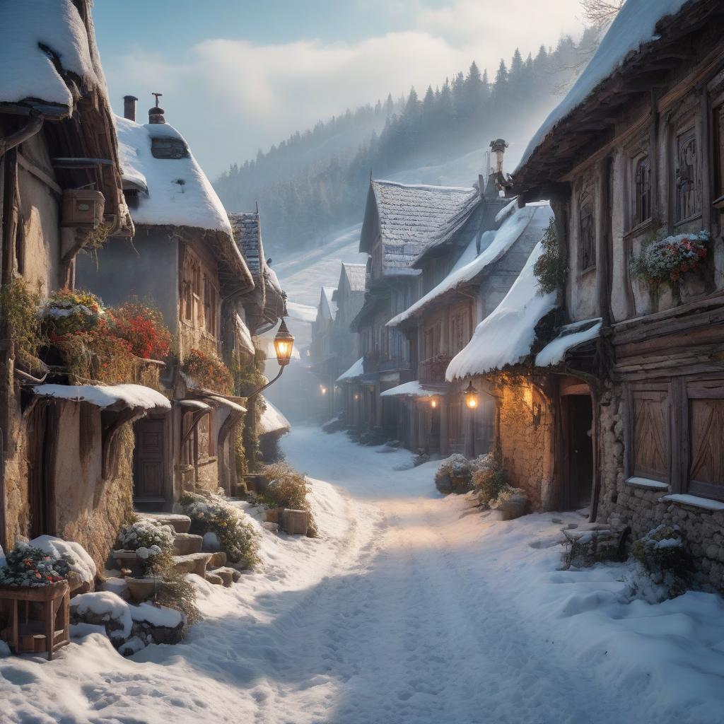  No humans. Small village in Romania in snow. In the style of Jean Baptiste Monge, Gothic old shaky buildings. Garlic. Detailed. Lots of embellishments and small details, Detailed look. soft colors, HDR, 4K hyperrealistic, full body, detailed clothing, highly detailed, cinematic lighting, stunningly beautiful, intricate, sharp focus, f/1. 8, 85mm, (centered image composition), (professionally color graded), ((bright soft diffused light)), volumetric fog, trending on instagram, trending on tumblr, HDR 4K, 8K