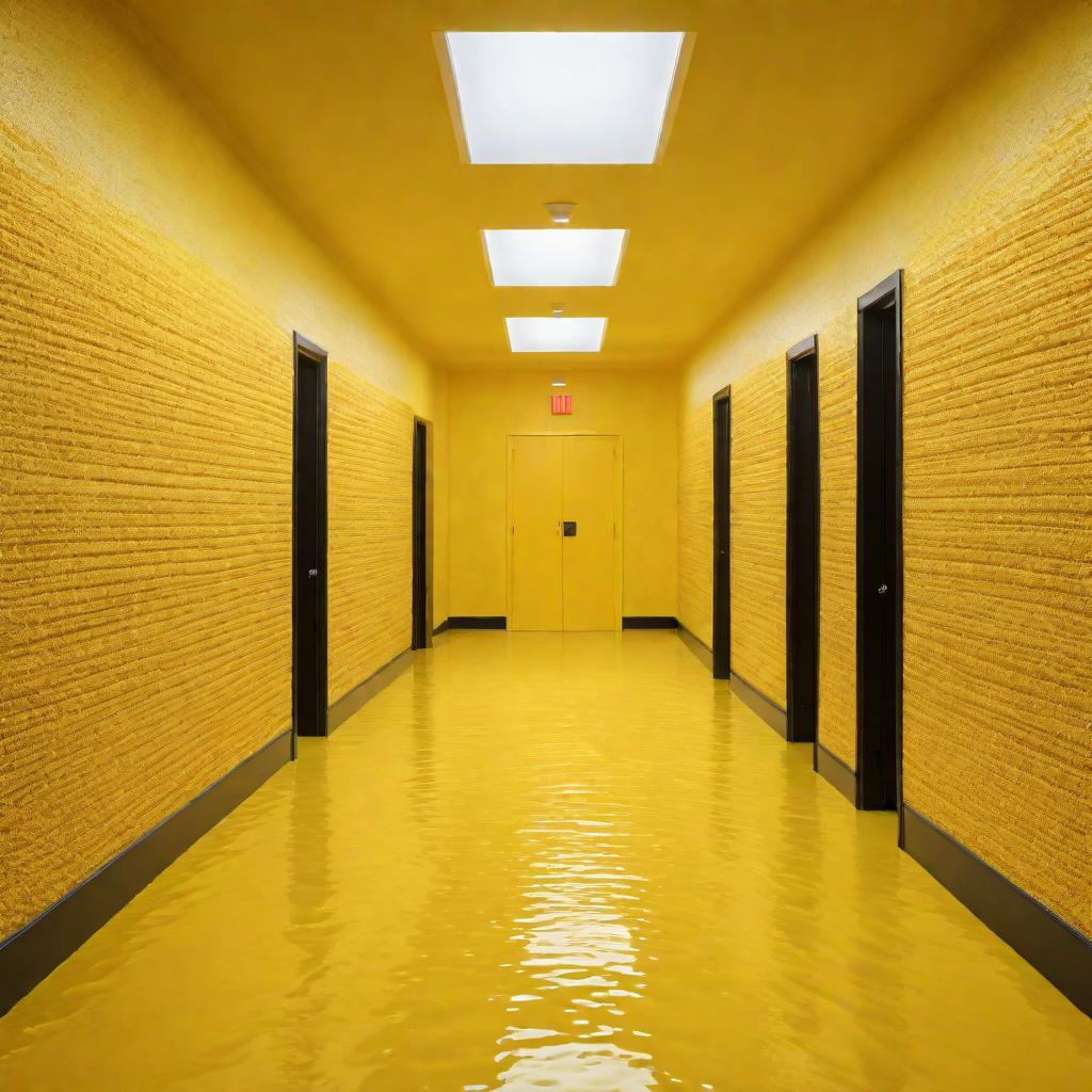  A depiction of a disorienting space resembling the Backrooms Level 0 with nothing but yellow walls, a messed up yellow carpet with water damage, a long corridor with weirdly placed walls, no furniture, and the buzzing of yellow lights. hyperrealistic, full body, detailed clothing, highly detailed, cinematic lighting, stunningly beautiful, intricate, sharp focus, f/1. 8, 85mm, (centered image composition), (professionally color graded), ((bright soft diffused light)), volumetric fog, trending on instagram, trending on tumblr, HDR 4K, 8K