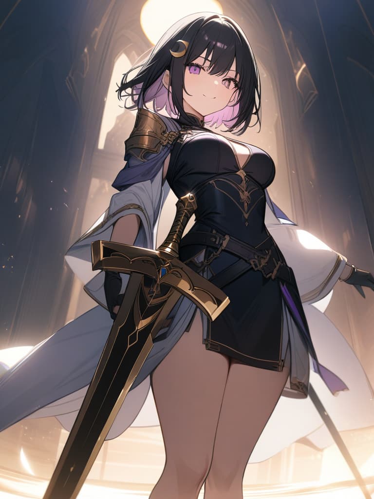  Holy Swordsman,Holy sword,golden sword,sacred place,glare,smile,sword raised,golden light,Excalibur,cool girl,Black hair,(purple eyes),short,cropped hair,crescent moon hair ornament, masterpiece, best quality,8k,ultra detailed,high resolution,an extremely delicate and beautiful,hyper detail