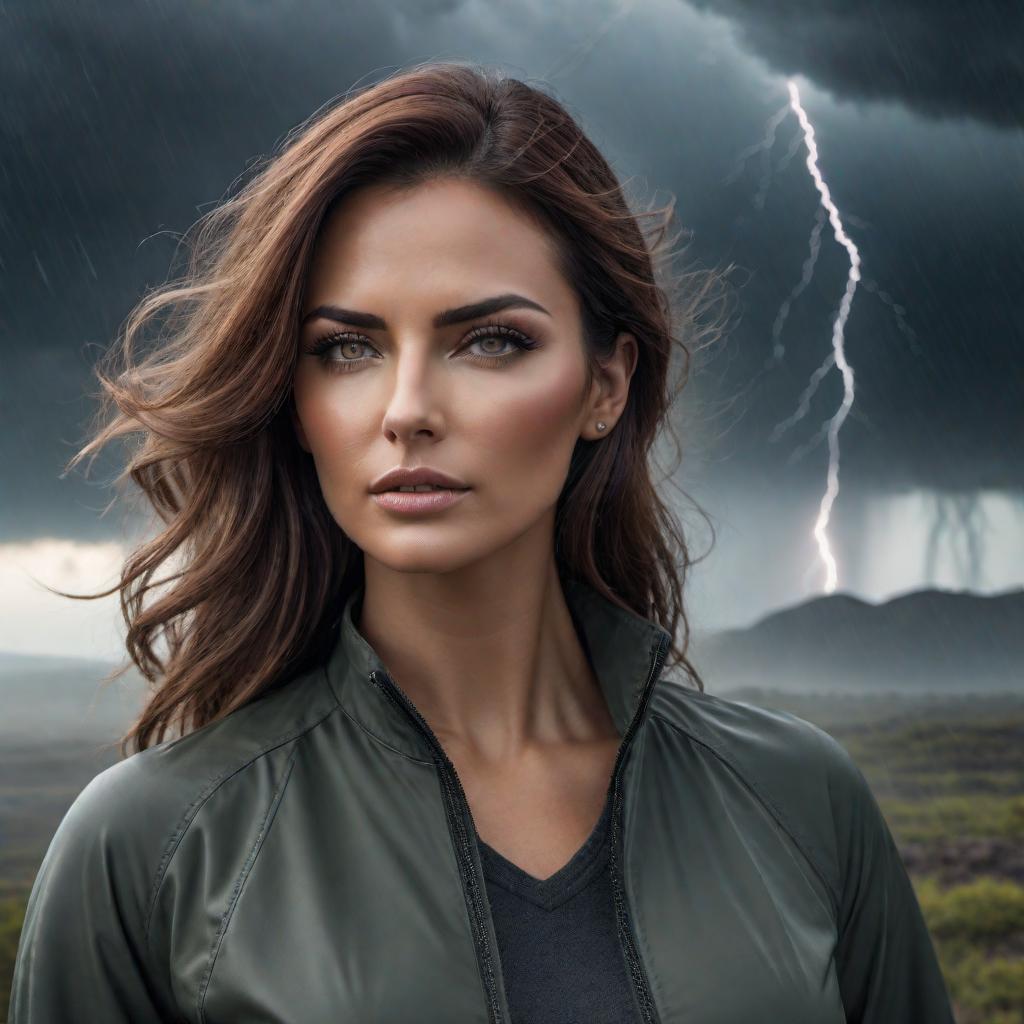  A woman with hazel eyes standing firm amid a storm, wearing regular clothes. The background depicts a chaotic storm with dark clouds and powerful winds, but she remains unwavering, exuding inner peace and strength. hyperrealistic, full body, detailed clothing, highly detailed, cinematic lighting, stunningly beautiful, intricate, sharp focus, f/1. 8, 85mm, (centered image composition), (professionally color graded), ((bright soft diffused light)), volumetric fog, trending on instagram, trending on tumblr, HDR 4K, 8K