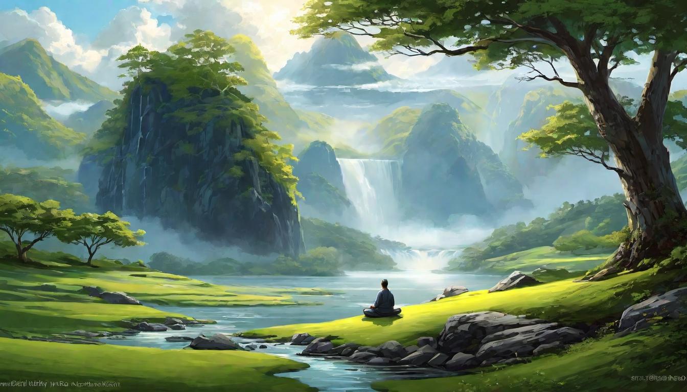  digital illustration serene landscape, figures meditating, tranquil energy flowing through the surroundings, harmony, peacefulness, understanding looking at viewer, dynamic pose, (intricate details, masterpiece, best quality)