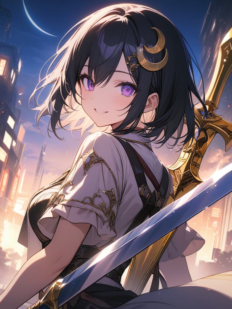  Holy sword,golden sword,burning city,smile,sword raised,golden light,Excalibur,cool girl,Black hair,(purple eyes),short,cropped hair,crescent moon hair ornament, masterpiece, best quality,8k,ultra detailed,high resolution,an extremely delicate and beautiful,hyper detail