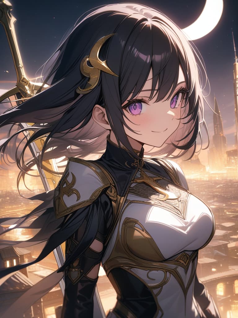  Holy sword,golden sword,burning city,smile,sword raised,golden light,Excalibur,cool girl,Black hair,(purple eyes),short,cropped hair,crescent moon hair ornament, masterpiece, best quality,8k,ultra detailed,high resolution,an extremely delicate and beautiful,hyper detail