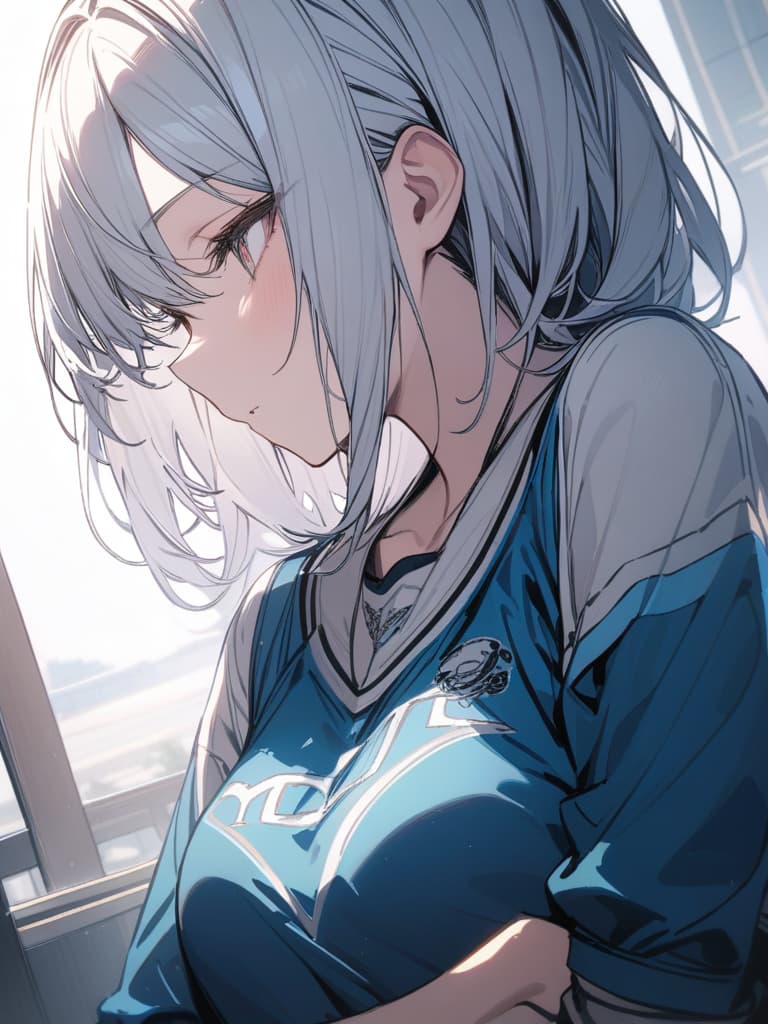  Subculture, jersey, moe sleeve, light blue, white hair, masterpiece, best quality,8k,ultra detailed,high resolution,an extremely delicate and beautiful,hyper detail