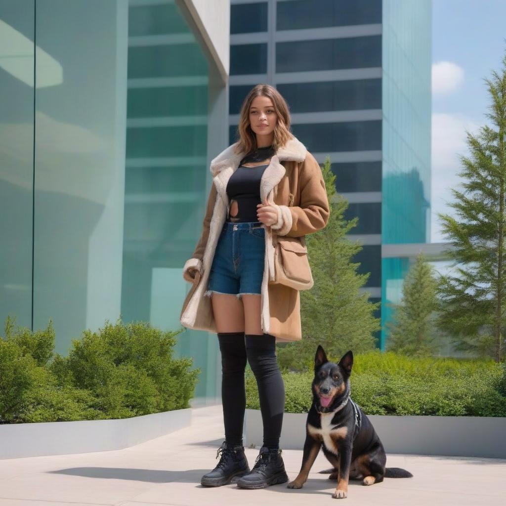  A cyborg girl holding a cyborg dog around an ultra modern glass building