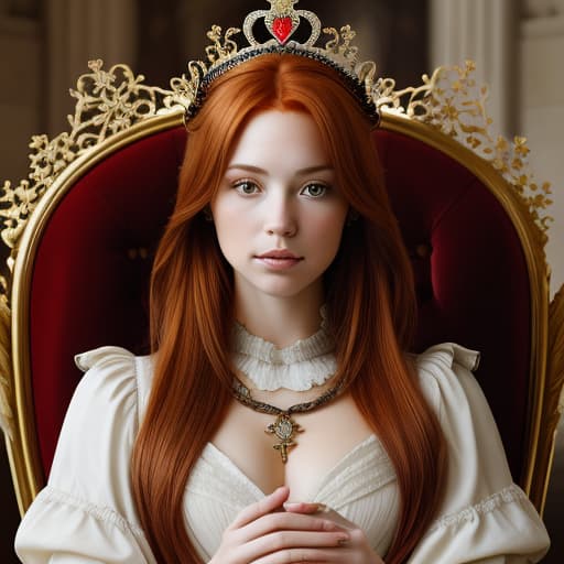  Portrait of a beautiful auburn - haired woman with a guilded crown sitting on a throne with heightened detail