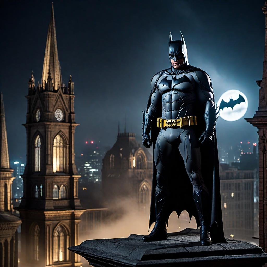  Batman standing on top of a gothic building in Gotham City during the night, with the Bat-Signal shining in the sky, and a dark, dramatic atmosphere hyperrealistic, full body, detailed clothing, highly detailed, cinematic lighting, stunningly beautiful, intricate, sharp focus, f/1. 8, 85mm, (centered image composition), (professionally color graded), ((bright soft diffused light)), volumetric fog, trending on instagram, trending on tumblr, HDR 4K, 8K