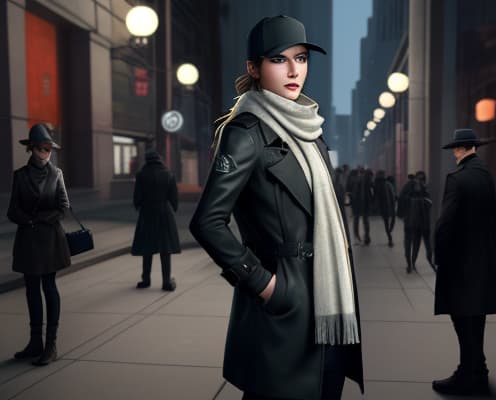  masterpiece, best quality, Female, genderswap, city, night, trench coat, boots, baseball hat, detective, Aiden Pearce, Watch dogs, scarf.