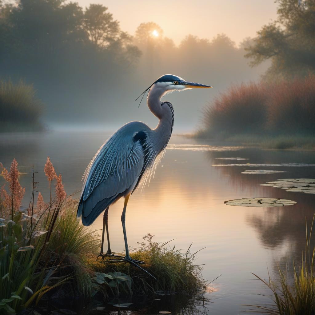  Early morning heron perched elegantly by a tranquil pond, reflections on water, soft mist hovering above surface, sunrise hues in the background, heron detailed in ultra HD, realistic textures, vivid colors, pen and ink finesse, perfect composition, intricate detailing in an insanely detailed octane render, trending on artstation aesthetic, 8k resolution, photorealistic concept with soft, natural, volumetric, cinematic lighting hyperrealistic, full body, detailed clothing, highly detailed, cinematic lighting, stunningly beautiful, intricate, sharp focus, f/1. 8, 85mm, (centered image composition), (professionally color graded), ((bright soft diffused light)), volumetric fog, trending on instagram, trending on tumblr, HDR 4K, 8K