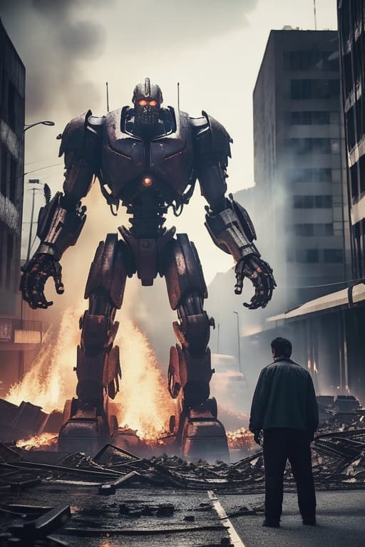  (raw photo, morbid horror:1.2), (a giant battle cyborg:1.1), angry, fullmetal, robotic, mechanical parts, (burning city background:1.2), slate atmosphere, cinematic, dimmed colors, dark shot, muted colors, film grainy, lut, spooky