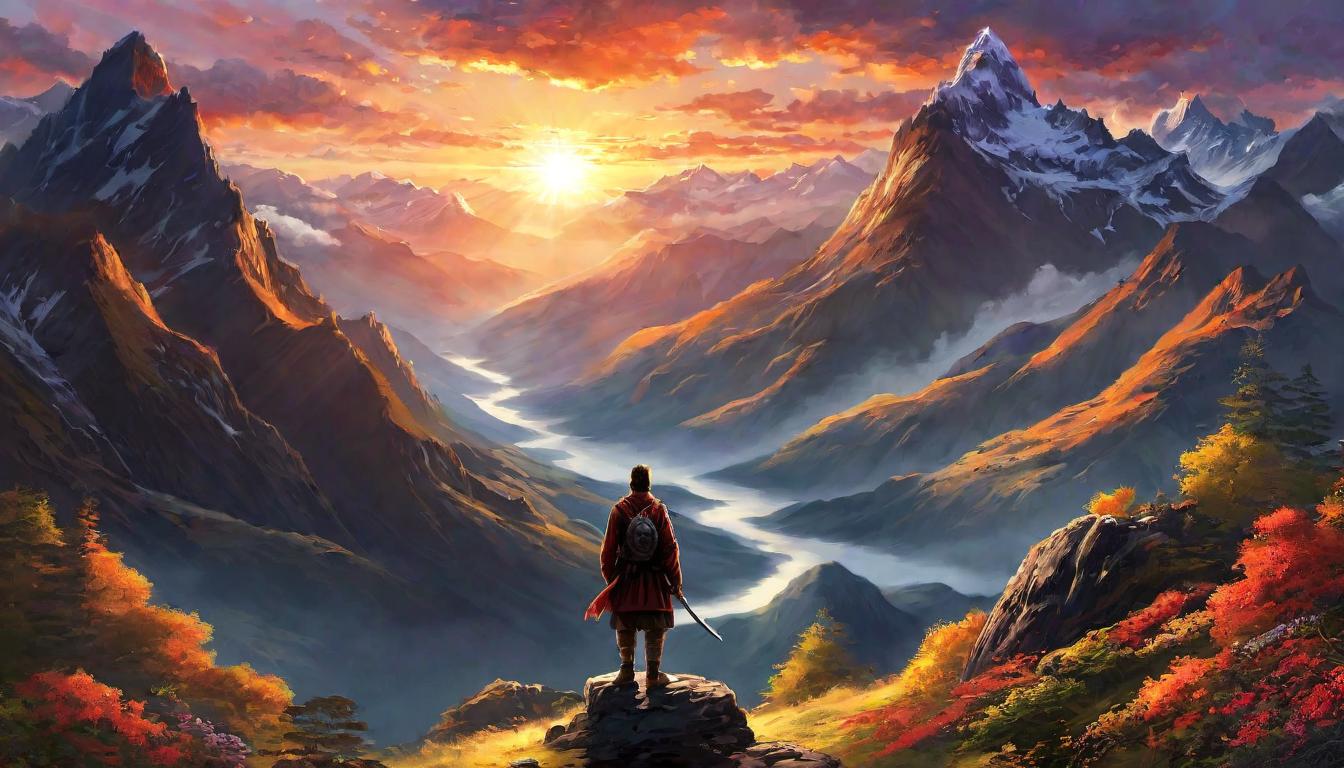  digital illustration radiant sunrise, human silhouette, mountainous terrain, journey upwards, clarity, peace, enlightenment looking at viewer, dynamic pose, (intricate details, masterpiece, best quality)