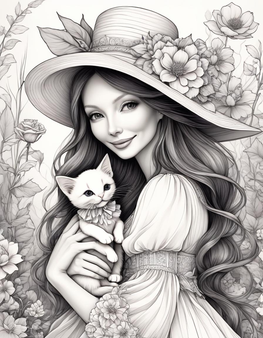  by (Wendy Froud). coloring style, black and white illustration, line art. {smiling TILDA style doll holding (((toy plush kitten))) in Teddy bear style. The hair is wavy, on the head is a straw hat decorated with large flowers and ribbons on which a small bird sits. Dressed in a light summer sundress with ruffles and lace, rose flowers in the background}, good detailing, central location, zentangle. well drawn details. beautiful flowers, by Camille Rose Garcia hyperrealistic, full body, detailed clothing, highly detailed, cinematic lighting, stunningly beautiful, intricate, sharp focus, f/1. 8, 85mm, (centered image composition), (professionally color graded), ((bright soft diffused light)), volumetric fog, trending on instagram, trending on tumblr, HDR 4K, 8K