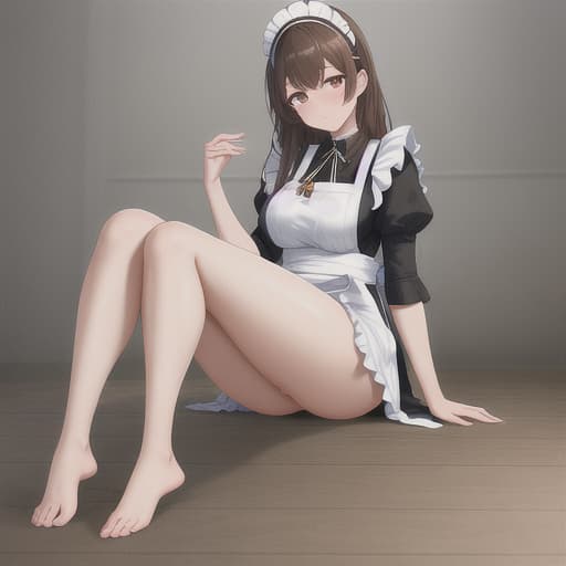  (score 9,score 8 up,score 7 up,),1girl,solo,maid,maid headdress,looking at viewer,apron,brown hair,indoors,black hair,bare foot,feet focus,two feet hyperrealistic, full body, detailed clothing, highly detailed, cinematic lighting, stunningly beautiful, intricate, sharp focus, f/1. 8, 85mm, (centered image composition), (professionally color graded), ((bright soft diffused light)), volumetric fog, trending on instagram, trending on tumblr, HDR 4K, 8K