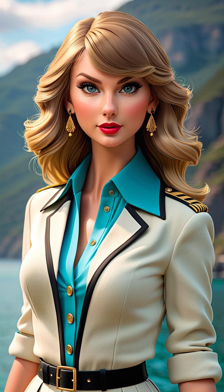  Professional 3D model of Taylor Swift as a cruise director . Rendered with Octane, the model is highly detailed,dramatic lighting. hyperrealistic, full body, detailed clothing, highly detailed, cinematic lighting, stunningly beautiful, intricate, sharp focus, f/1. 8, 85mm, (centered image composition), (professionally color graded), ((bright soft diffused light)), volumetric fog, trending on instagram, trending on tumblr, HDR 4K, 8K