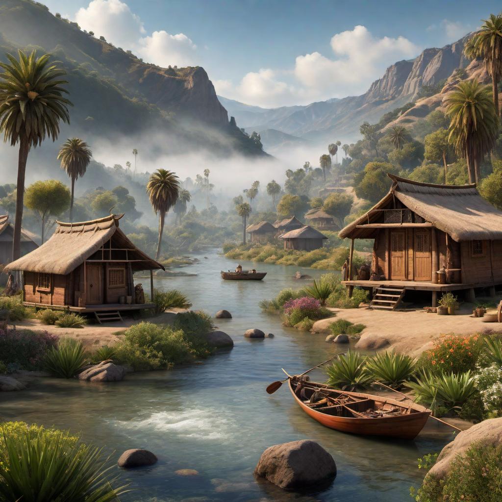  Los Angeles, California 1000 years ago, representing the natural landscape before European contact. Include dense forests, diverse flora and fauna unique to the region, and indigenous tribes engaging in daily activities such as fishing, hunting, and gathering. Highlight the traditional huts and the harmonious lifestyle of the native people with their natural surroundings. hyperrealistic, full body, detailed clothing, highly detailed, cinematic lighting, stunningly beautiful, intricate, sharp focus, f/1. 8, 85mm, (centered image composition), (professionally color graded), ((bright soft diffused light)), volumetric fog, trending on instagram, trending on tumblr, HDR 4K, 8K