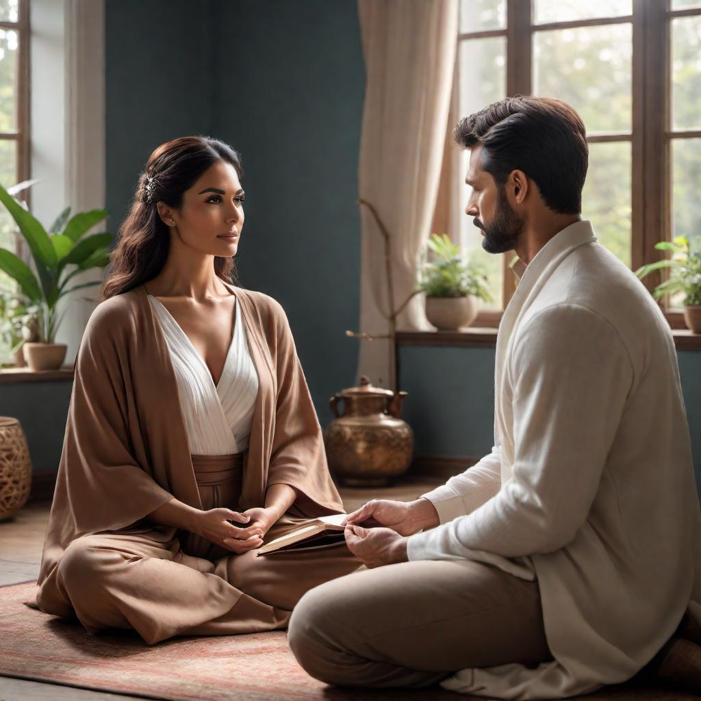  A compassionate scene showing a person listening attentively to another, offering support and guidance. Elements of stress-relief activities like mindfulness meditation and self-care like a cup of tea, a journal, and a cozy atmosphere. Emphasis on mental health support and comfort. hyperrealistic, full body, detailed clothing, highly detailed, cinematic lighting, stunningly beautiful, intricate, sharp focus, f/1. 8, 85mm, (centered image composition), (professionally color graded), ((bright soft diffused light)), volumetric fog, trending on instagram, trending on tumblr, HDR 4K, 8K