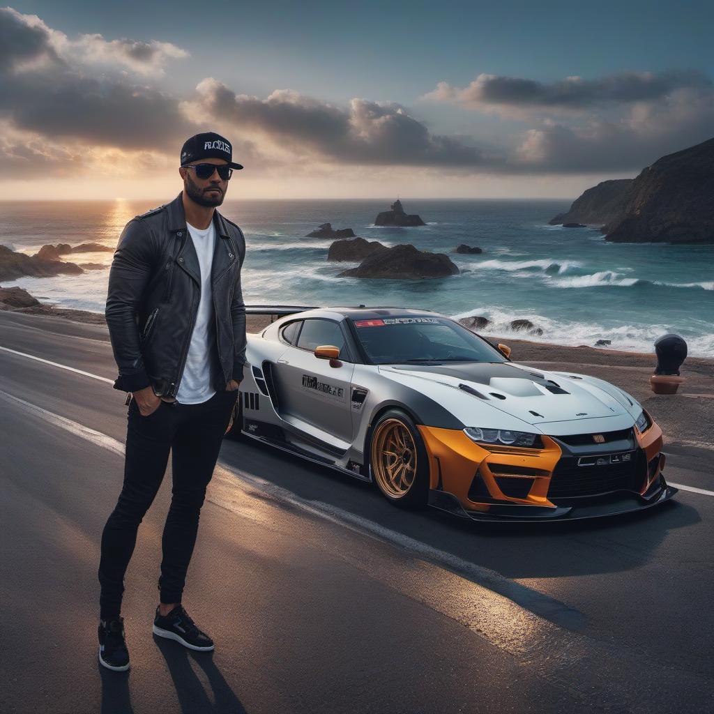  A in a cap and gles next to a street racing car by the beach. hyperrealistic, full body, detailed clothing, highly detailed, cinematic lighting, stunningly beautiful, intricate, sharp focus, f/1. 8, 85mm, (centered image composition), (professionally color graded), ((bright soft diffused light)), volumetric fog, trending on instagram, trending on tumblr, HDR 4K, 8K