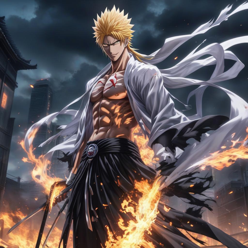  anime artwork anime bleach . anime style, key visual, vibrant, studio anime, highly detailed hyperrealistic, full body, detailed clothing, highly detailed, cinematic lighting, stunningly beautiful, intricate, sharp focus, f/1. 8, 85mm, (centered image composition), (professionally color graded), ((bright soft diffused light)), volumetric fog, trending on instagram, trending on tumblr, HDR 4K, 8K