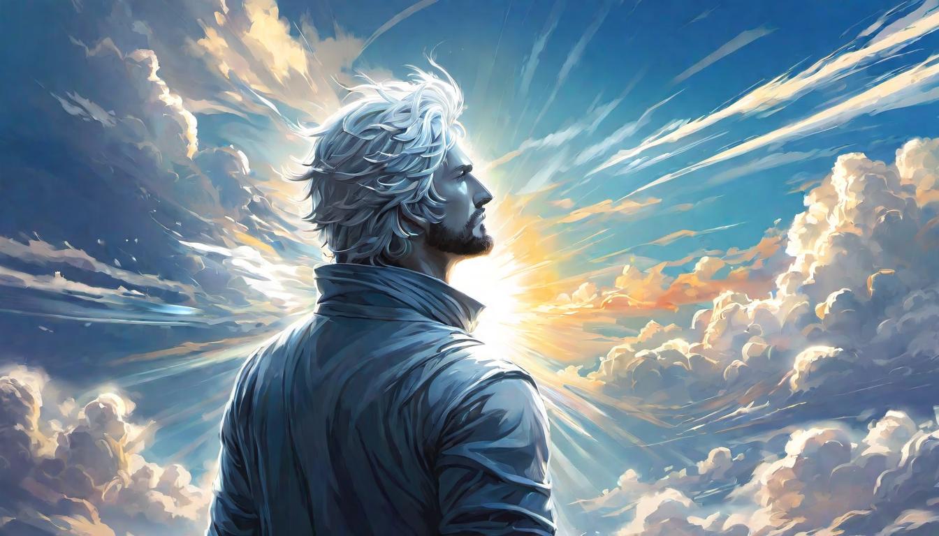  digital illustration wispy clouds, human figure breaking through, radiant light, optimism, growth, transformation looking at viewer, dynamic pose, (intricate details, masterpiece, best quality)