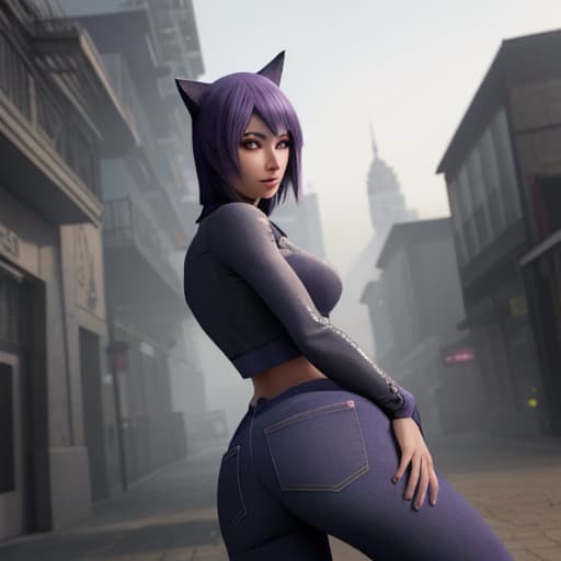  Cat girl, purple eyes, in a jean outfit, Narcotics, with weapons hyperrealistic, full body, detailed clothing, highly detailed, cinematic lighting, stunningly beautiful, intricate, sharp focus, f/1. 8, 85mm, (centered image composition), (professionally color graded), ((bright soft diffused light)), volumetric fog, trending on instagram, trending on tumblr, HDR 4K, 8K