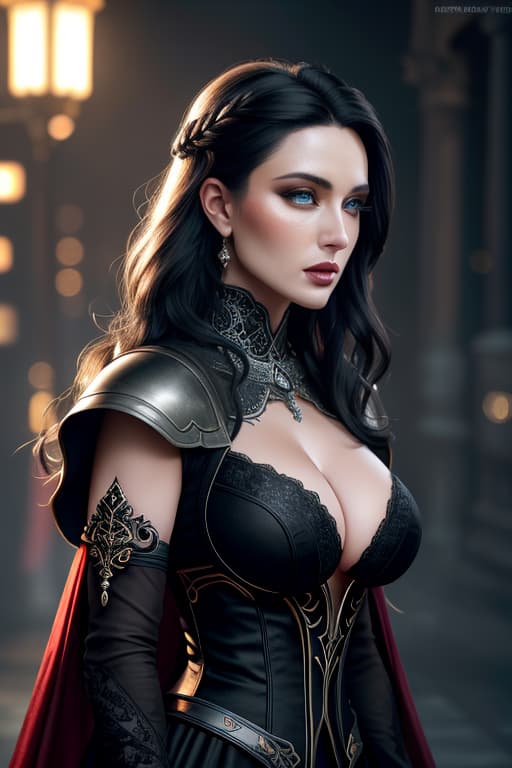  ultra realistic side portrait ((beautiful pale medieval sexiest lady with heavy black eyeliner)), stunning body, staring viewer, blue eyes, shaved side long wavy haircut, huge boobs, deep cleavage, hyper detail, cinematic lighting, magic neon, dark red medieval city, Canon EOS R3, nikon, f/1.4, ISO 200, 1/160s, 8K, RAW, unedited, symmetrical balance, in frame, 8K hyperrealistic, full body, detailed clothing, highly detailed, cinematic lighting, stunningly beautiful, intricate, sharp focus, f/1. 8, 85mm, (centered image composition), (professionally color graded), ((bright soft diffused light)), volumetric fog, trending on instagram, trending on tumblr, HDR 4K, 8K
