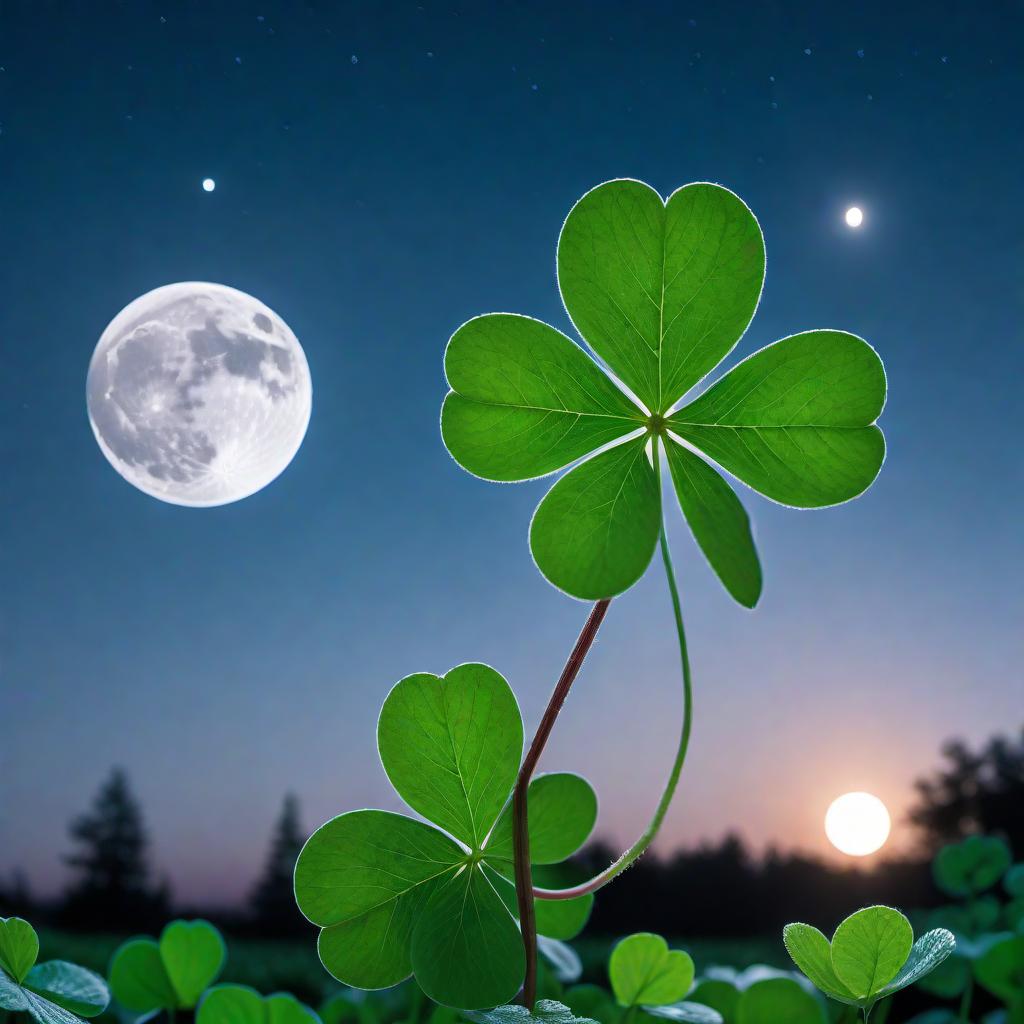  A worm's perspective looking up at the bottom side of a green four-leaf clover against a blue night sky with one full moon in view, illuminated only by moonlight, without an ant. hyperrealistic, full body, detailed clothing, highly detailed, cinematic lighting, stunningly beautiful, intricate, sharp focus, f/1. 8, 85mm, (centered image composition), (professionally color graded), ((bright soft diffused light)), volumetric fog, trending on instagram, trending on tumblr, HDR 4K, 8K