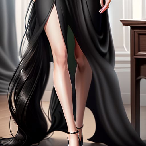  young , green eyes, black long wavy hair, beautiful, regular facial features, , slender, dressed in a dark gray dress, narrow long fingers, graceful, slender figure, small s, standing at full height next to an empty desk hyperrealistic, full body, detailed clothing, highly detailed, cinematic lighting, stunningly beautiful, intricate, sharp focus, f/1. 8, 85mm, (centered image composition), (professionally color graded), ((bright soft diffused light)), volumetric fog, trending on instagram, trending on tumblr, HDR 4K, 8K