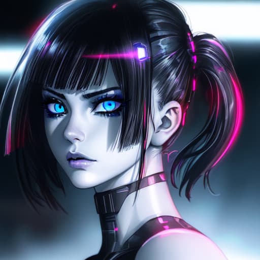  ultra realistic close up portrait ((beautiful pale cyberpunk female with heavy black eyeliner)), blue eyes, shaved side haircut, hyper detail, cinematic lighting, magic neon, dark red city, Canon EOS R3, nikon, f/1.4, ISO 200, 1/160s, 8K, RAW, unedited, symmetrical balance, in frame, 8K