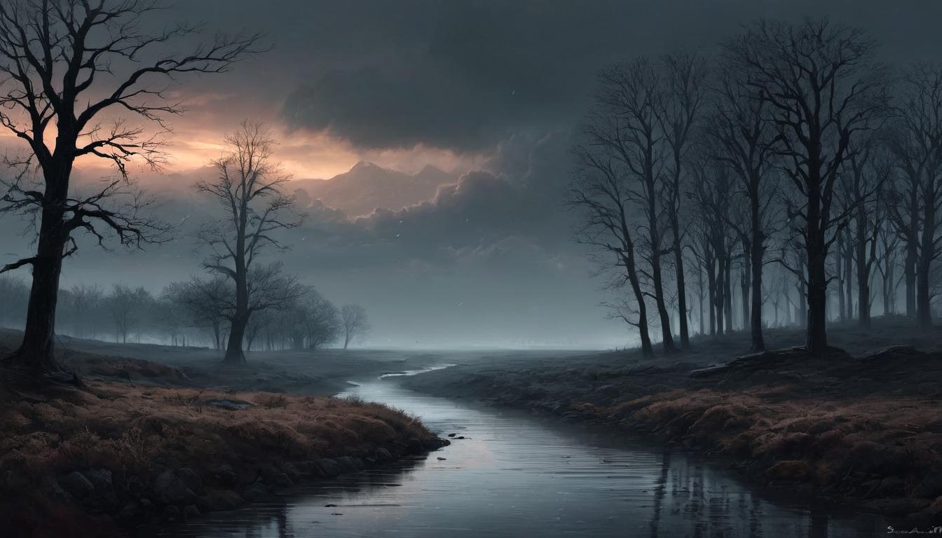  digital illustration, A dark, oppressive sky hanging over a tranquil landscape, everything shrouded in a heavy silence, barren trees and desolate fields, sense of suffocating gloom, looking at viewer, dynamic pose, (intricate details, masterpiece, best quality)