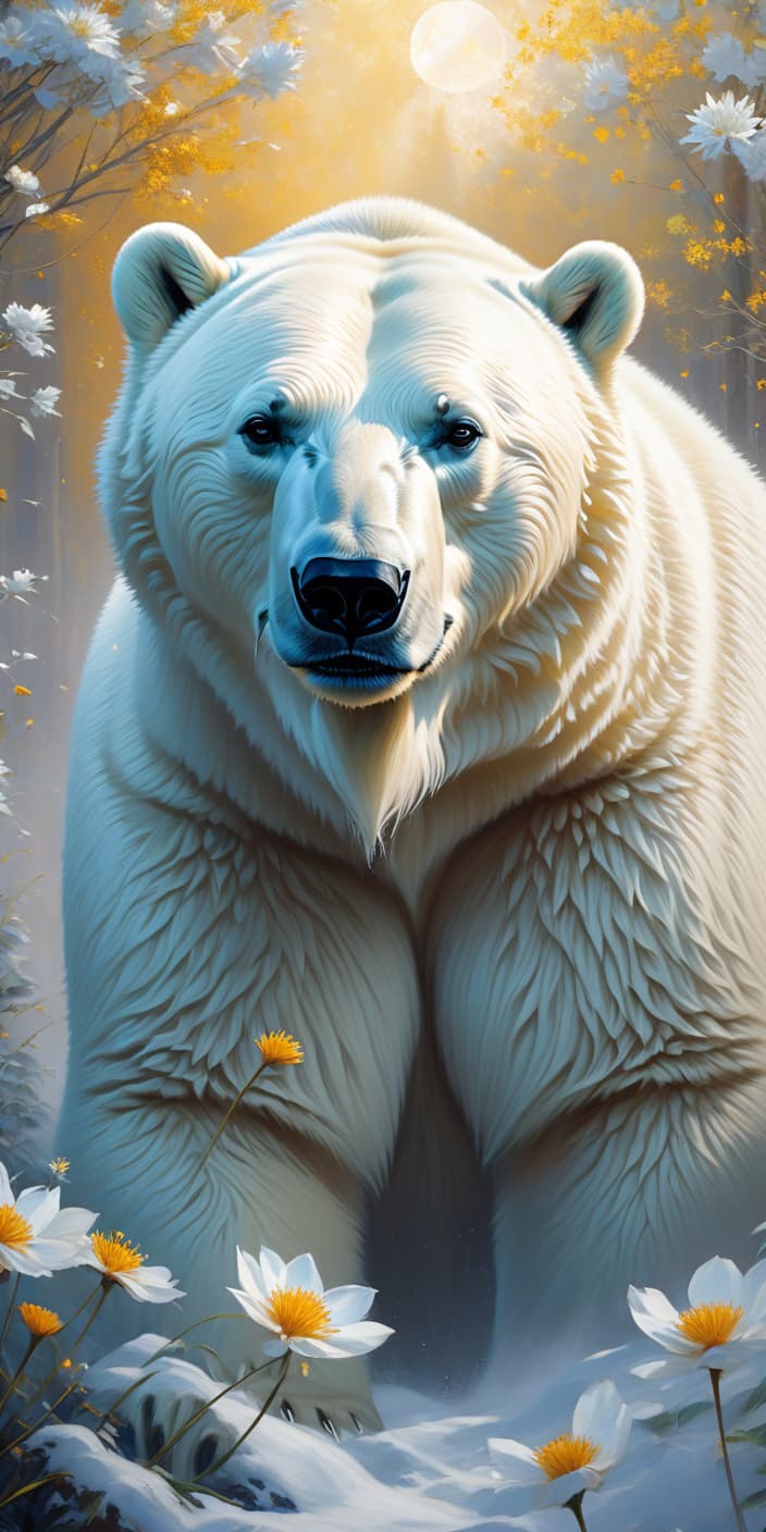  concept art Digital oil painting impasto. Gorgeous correct, realistic polar bear. Beautiful, majestic, mystical, epic appearance:: detailed white fur. Background:: surreal abstract with runic circle, thin vines, dandelion flowers, fantastic golden blossoms. Glowing signs and sparkling particles. Detailed detailing. Stylistics: fairy tale, dream, fantasy, modern. In the style of Nikolai Feshin, Pino Daeni, Gerhartz. . digital artwork, illustrative, painterly, matte painting, highly detailed hyperrealistic, full body, detailed clothing, highly detailed, cinematic lighting, stunningly beautiful, intricate, sharp focus, f/1. 8, 85mm, (centered image composition), (professionally color graded), ((bright soft diffused light)), volumetric fog, trending on instagram, trending on tumblr, HDR 4K, 8K