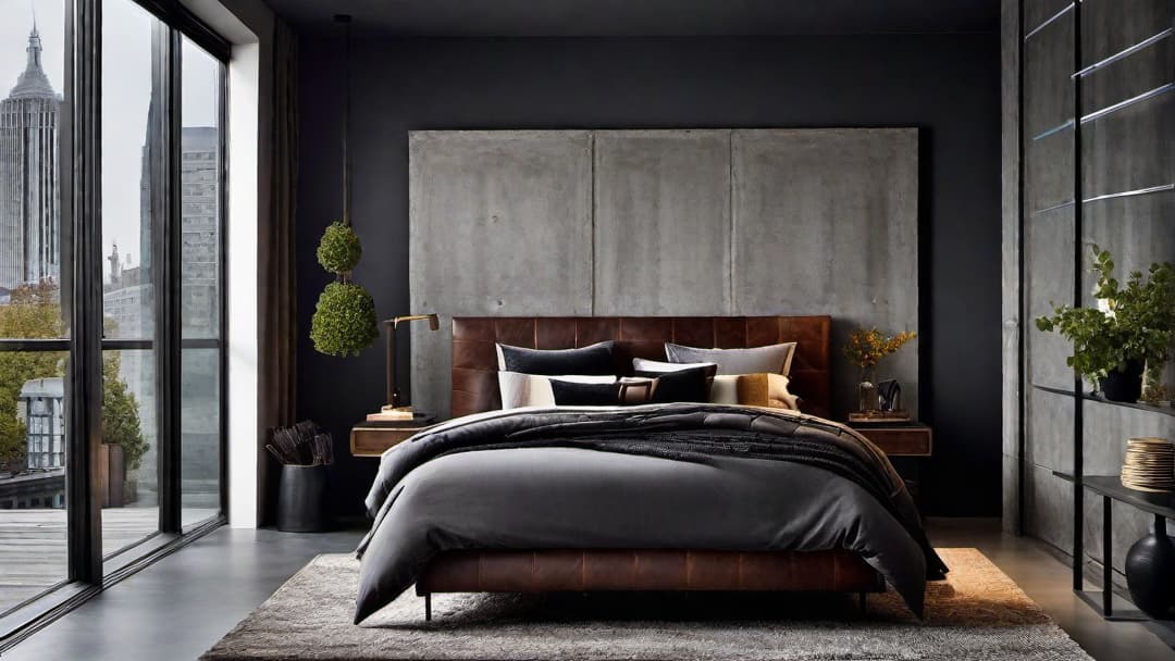  Generate an image of an urban industrial bedroom design featuring a sleek <strong>industrial bed frame</strong> and a <strong>unique industrial headboard</strong> made from reclaimed wood. The room should have exposed brick walls, concrete flooring, and metal accents, creating a rugged yet stylish look. Include a mix of vintage and contemporary furniture pieces like a distressed leather armchair and a metal bedside table. The color scheme should consist of dark greys, browns, and blacks with soft textiles like a faux fur throw and fluffy rug for contrast. The overall atmosphere should be sophisticated, edgy, and perfect for those who appreciate a bold and unconventional style. hyperrealistic, full body, detailed clothing, highly detailed, cinematic lighting, stunningly beautiful, intricate, sharp focus, f/1. 8, 85mm, (centered image composition), (professionally color graded), ((bright soft diffused light)), volumetric fog, trending on instagram, trending on tumblr, HDR 4K, 8K