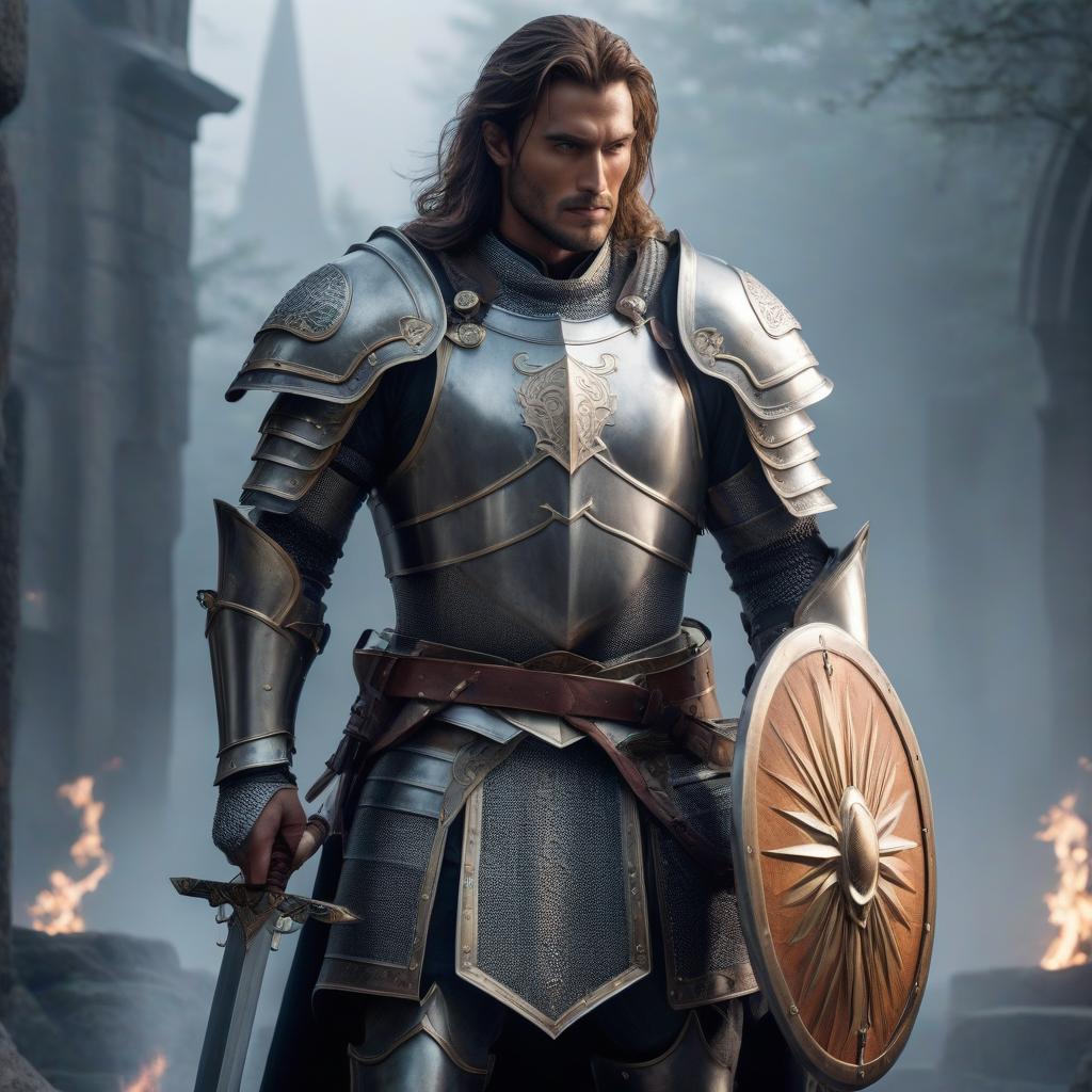  Paladin, a man in gray light armor with a sword and shield. hyperrealistic, full body, detailed clothing, highly detailed, cinematic lighting, stunningly beautiful, intricate, sharp focus, f/1. 8, 85mm, (centered image composition), (professionally color graded), ((bright soft diffused light)), volumetric fog, trending on instagram, trending on tumblr, HDR 4K, 8K