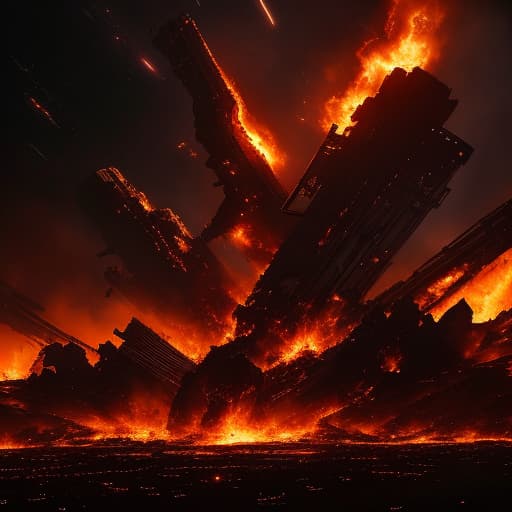  Cinematic, breathtaking photograph of a far away space station, covered in flames, burnt debris seen, outer space background wide body