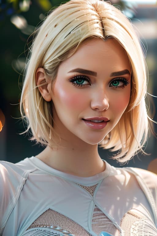  1girl,1girl,blonde short hair,straight hair,upper body shot,shirt,smile hyperrealistic, full body, detailed clothing, highly detailed, cinematic lighting, stunningly beautiful, intricate, sharp focus, f/1. 8, 85mm, (centered image composition), (professionally color graded), ((bright soft diffused light)), volumetric fog, trending on instagram, trending on tumblr, HDR 4K, 8K