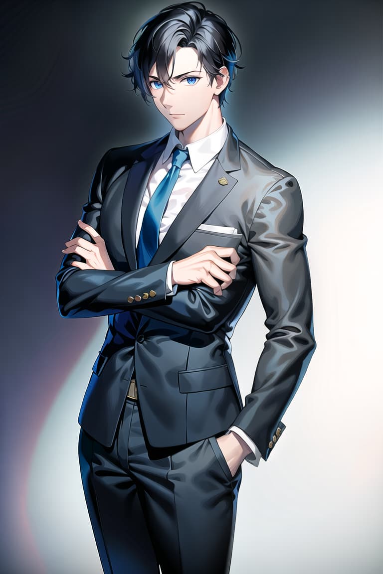  master piece , best quality,A young man with blue eyes, black hair and short hair in a neat suit with his arms folded.