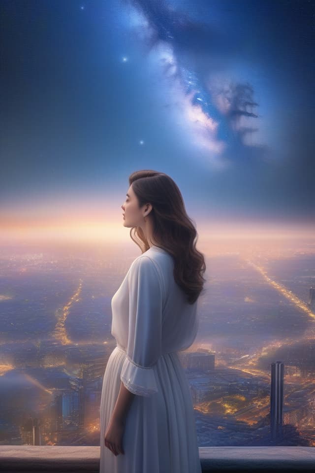  Ultra detailed,8k,high resolution,absurd,employed,detailed,delicate composition,cinematic angles,bold composition,detailed to the last detail,{{Seventh Sunset🎋:1.4}}(thinking of a lover I can't see) {(starry sky,Milky Way🌌),woman looking at the night sky,buildings,Milky Way🌌},top quality,masterpiece, hyperrealistic, full body, detailed clothing, highly detailed, cinematic lighting, stunningly beautiful, intricate, sharp focus, f/1. 8, 85mm, (centered image composition), (professionally color graded), ((bright soft diffused light)), volumetric fog, trending on instagram, trending on tumblr, HDR 4K, 8K