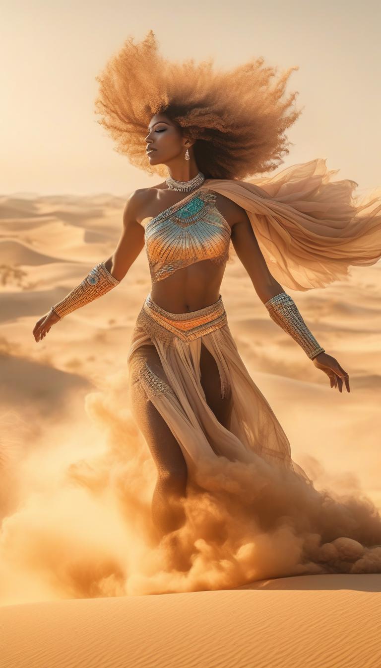  National dances feature a fully naked tall Black woman. Sand dunes, desert, sandstorm, orange brown hues, scorching sun, distant mirage, haze, lots of details, bright colors, focus on one main object. hyperrealistic, full body, detailed clothing, highly detailed, cinematic lighting, stunningly beautiful, intricate, sharp focus, f/1. 8, 85mm, (centered image composition), (professionally color graded), ((bright soft diffused light)), volumetric fog, trending on instagram, trending on tumblr, HDR 4K, 8K