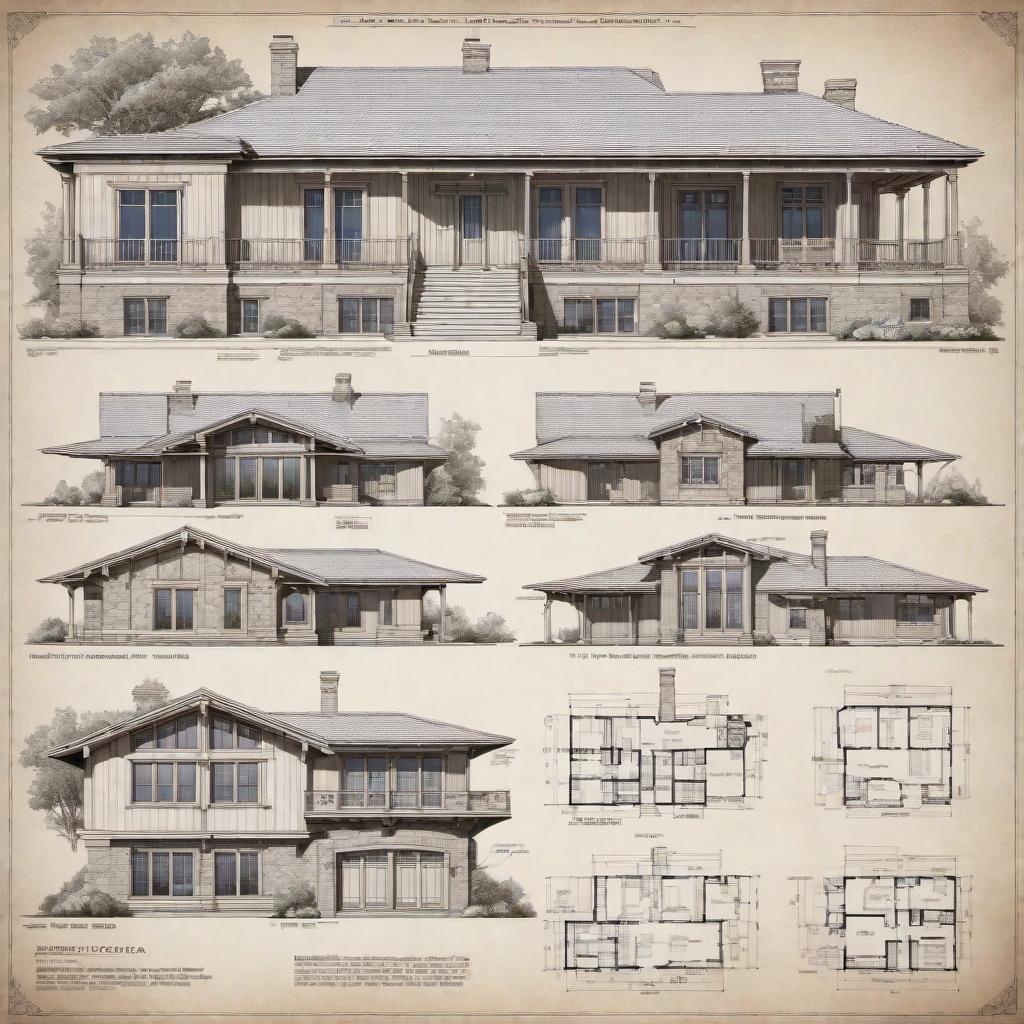  A collection of 10 different house blueprints and pictures. The blueprints should detail the layout of rooms, dimensions, and structural elements. The pictures should provide exterior views, highlighting unique architectural features for each house. The styles should include modern, traditional, contemporary, minimalist, and colonial with features like large windows, sleek roofs, and landscaped surroundings. hyperrealistic, full body, detailed clothing, highly detailed, cinematic lighting, stunningly beautiful, intricate, sharp focus, f/1. 8, 85mm, (centered image composition), (professionally color graded), ((bright soft diffused light)), volumetric fog, trending on instagram, trending on tumblr, HDR 4K, 8K